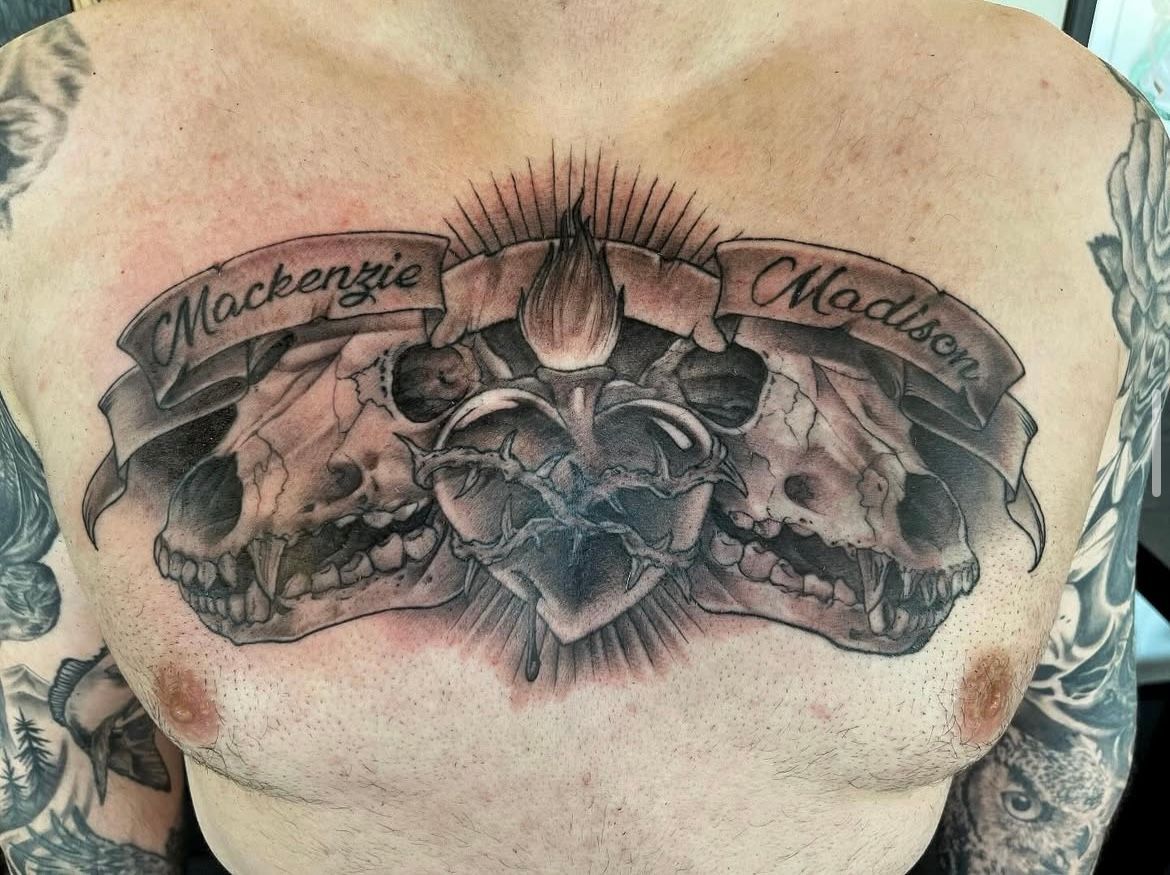 Sacred Heart and Animal Skulls Tattoo by Chad Lavers at Crimson Empire Tattoo in Edmonton Alberta Canada