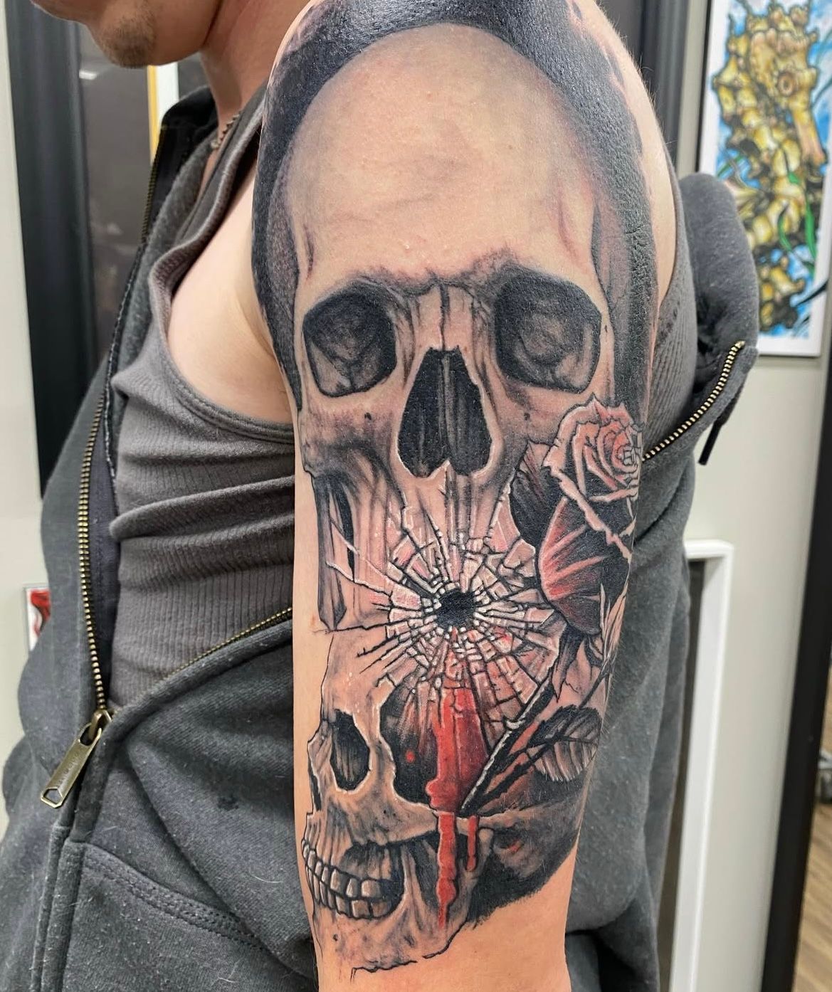 Skulls and Roses Tattoo by Chris Labrenz at Black Gold Tattoo Co in Edmonton Alberta Canada