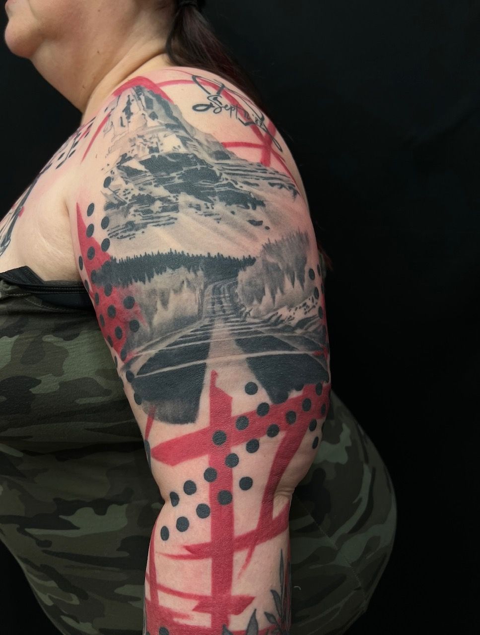 Trash Polka Sleeve by Trevor Pelletier at Black Gold Tattoo Co in Edmonton Alberta Canada