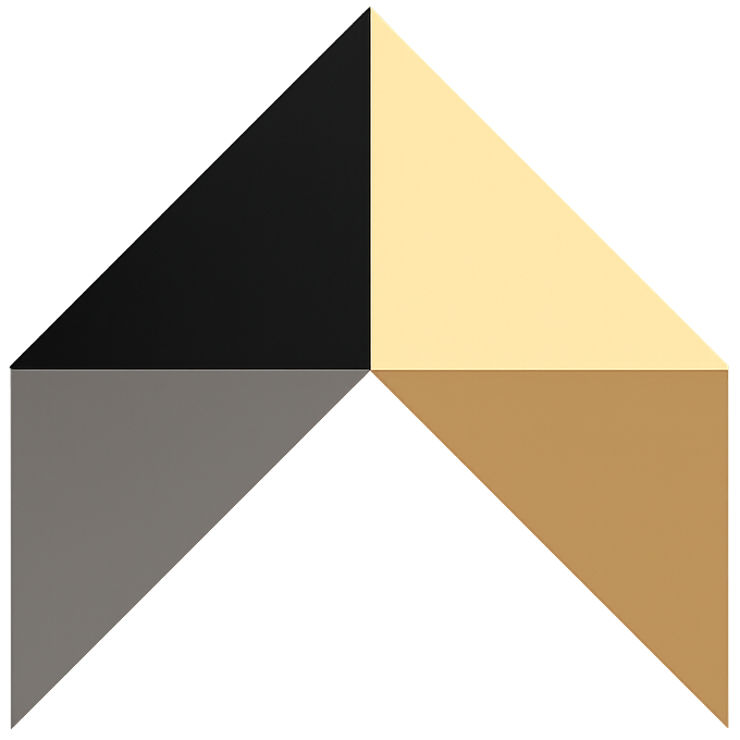 Geometric logo with four folded triangular panels in black, cream, gray, and tan forming a chevron shape