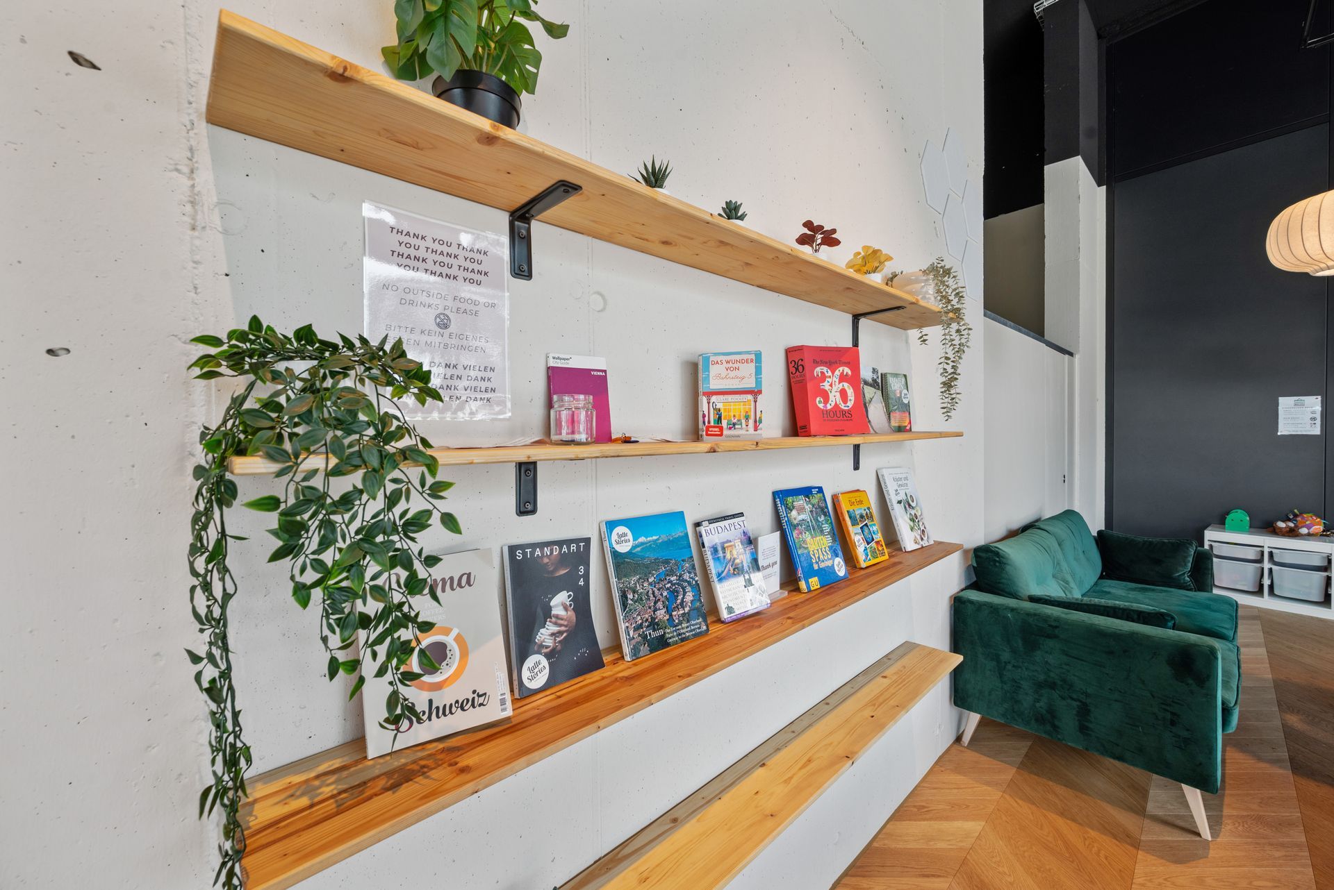 Modern lounge with wall shelves, books, plants, and a green armchair in a bright room