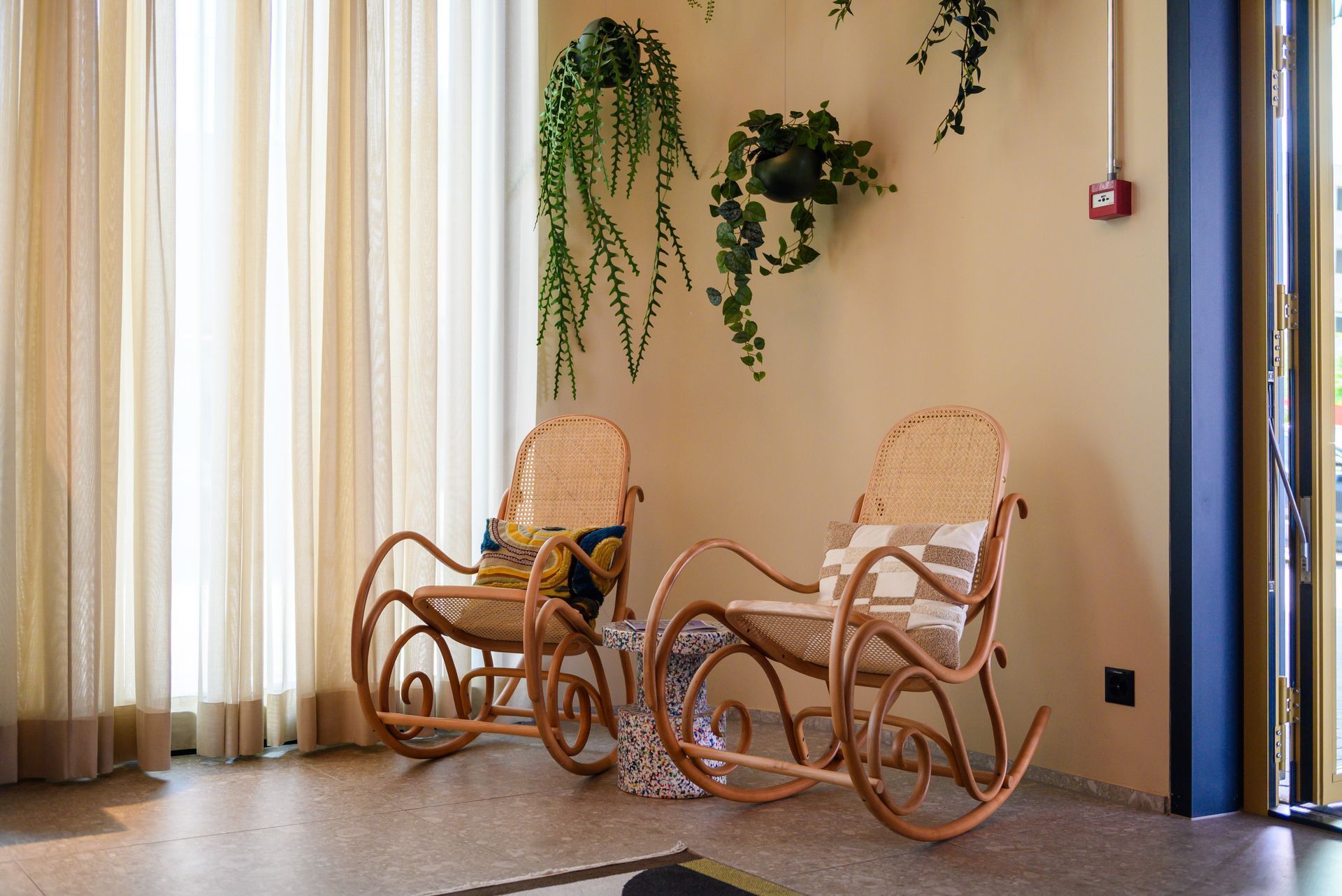 Two wicker rocking chairs in a sunlit room with curtains and hanging green plants