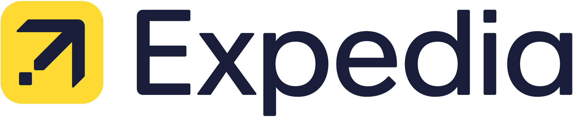 Expedia-Logo mit dunkelblauer Schrift und gelbem quadratischem Symbol mit einem nach oben rechts zeigenden Pfeil
