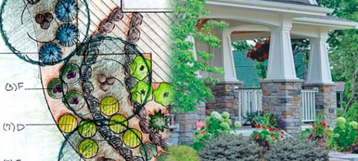A drawing of a garden next to a picture of a house.