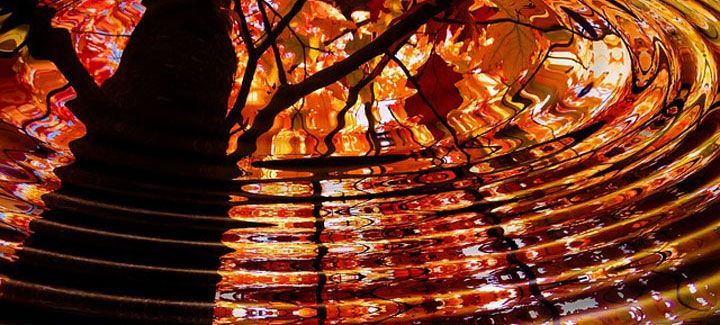 A painting of a tree and stairs with leaves on them.