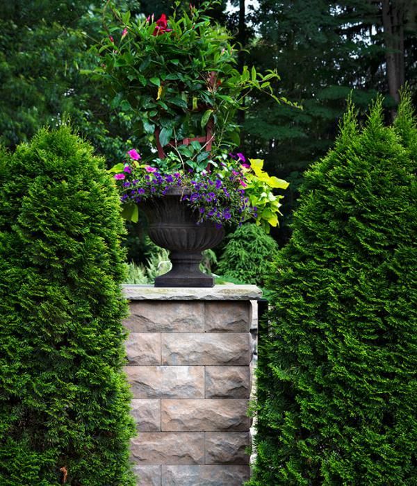 A planter filled with purple flowers sits on a stone pillar
