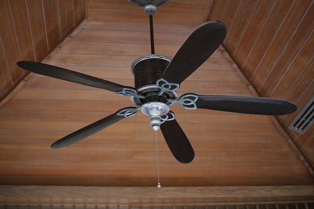 A ceiling fan is hanging from a wooden ceiling