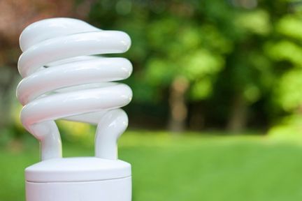 A close up of a light bulb sitting on top of a pole in the grass.