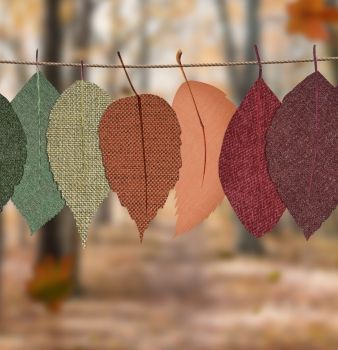 A bunch of different colored leaves hanging on a string
