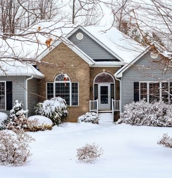 A house is covered in snow and trees are covered in snow.