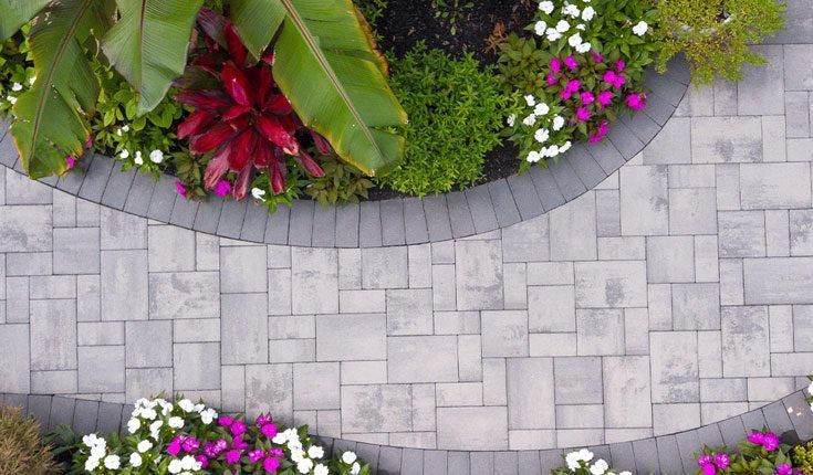Curved stone walkway bordered by colorful tropical plants and flowers from above
