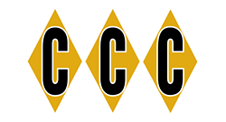 Three black C letters on yellow diamond-shaped signs