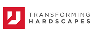 Transforming Hardscapes logo with red icon and gray text on white background