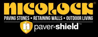 Nicoblock logo with paver-shield branding on a black background