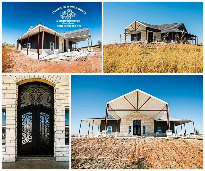 Collage of a modern home under construction with a wrought iron front door and a covered porch.