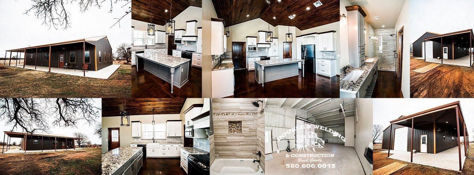 Collage of interior and exterior views of a modern, rustic-style home with dark wood exterior.