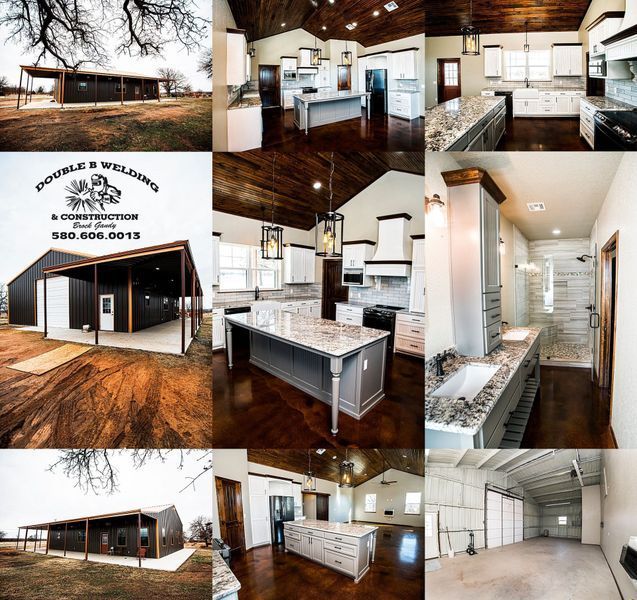 Collage of a modern metal building, and interior home construction.