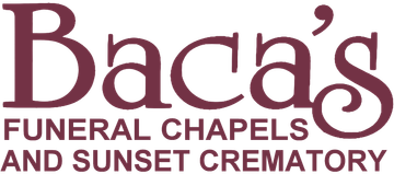 Baca's Funeral Chapels and Sunset Crematory logo in burgundy text on a white background