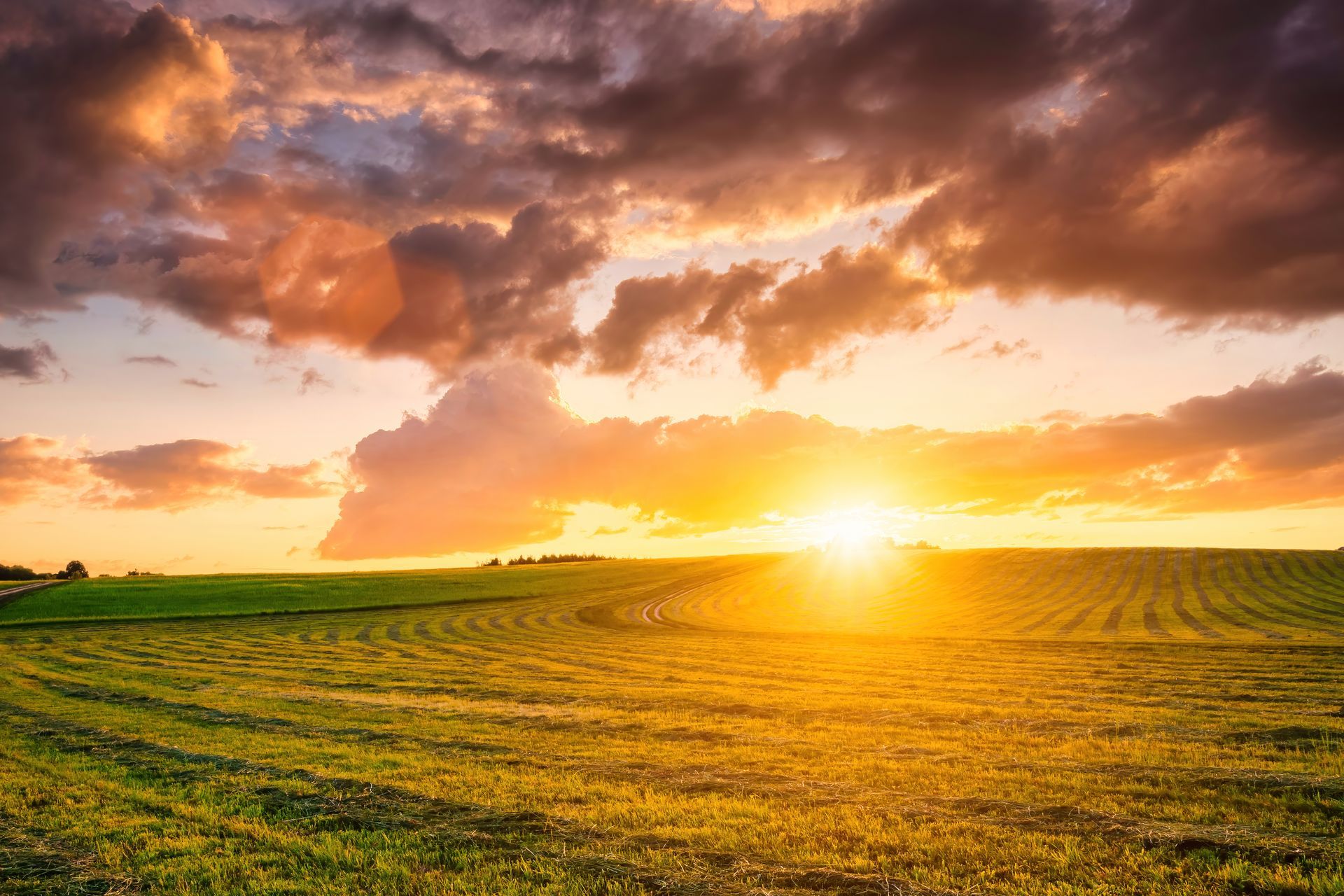 Sunset over green farmland with dramatic clouds and warm golden light