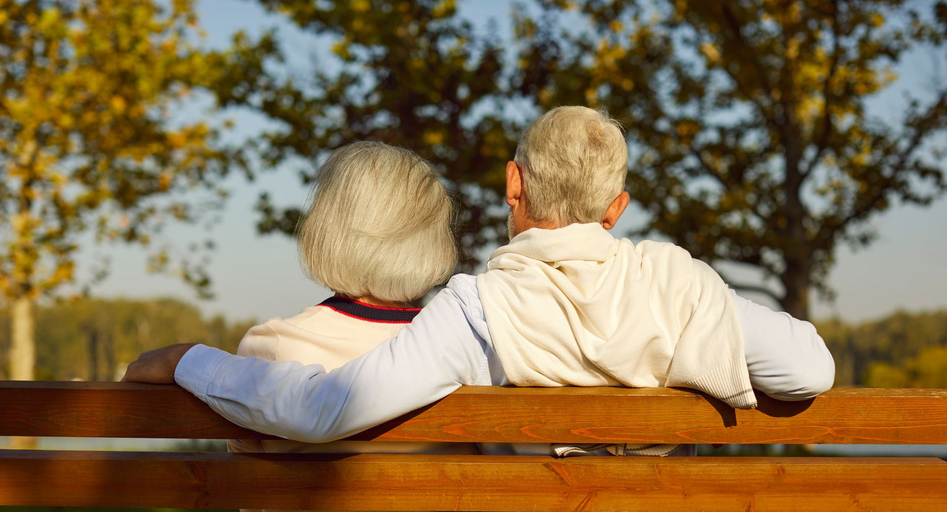 Two people sit close together on a wooden bench, seen from behind, in a sunny park with autumn trees.