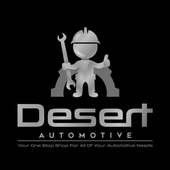 Desert Automotive logo with a gray mechanic mascot holding tools on a black background