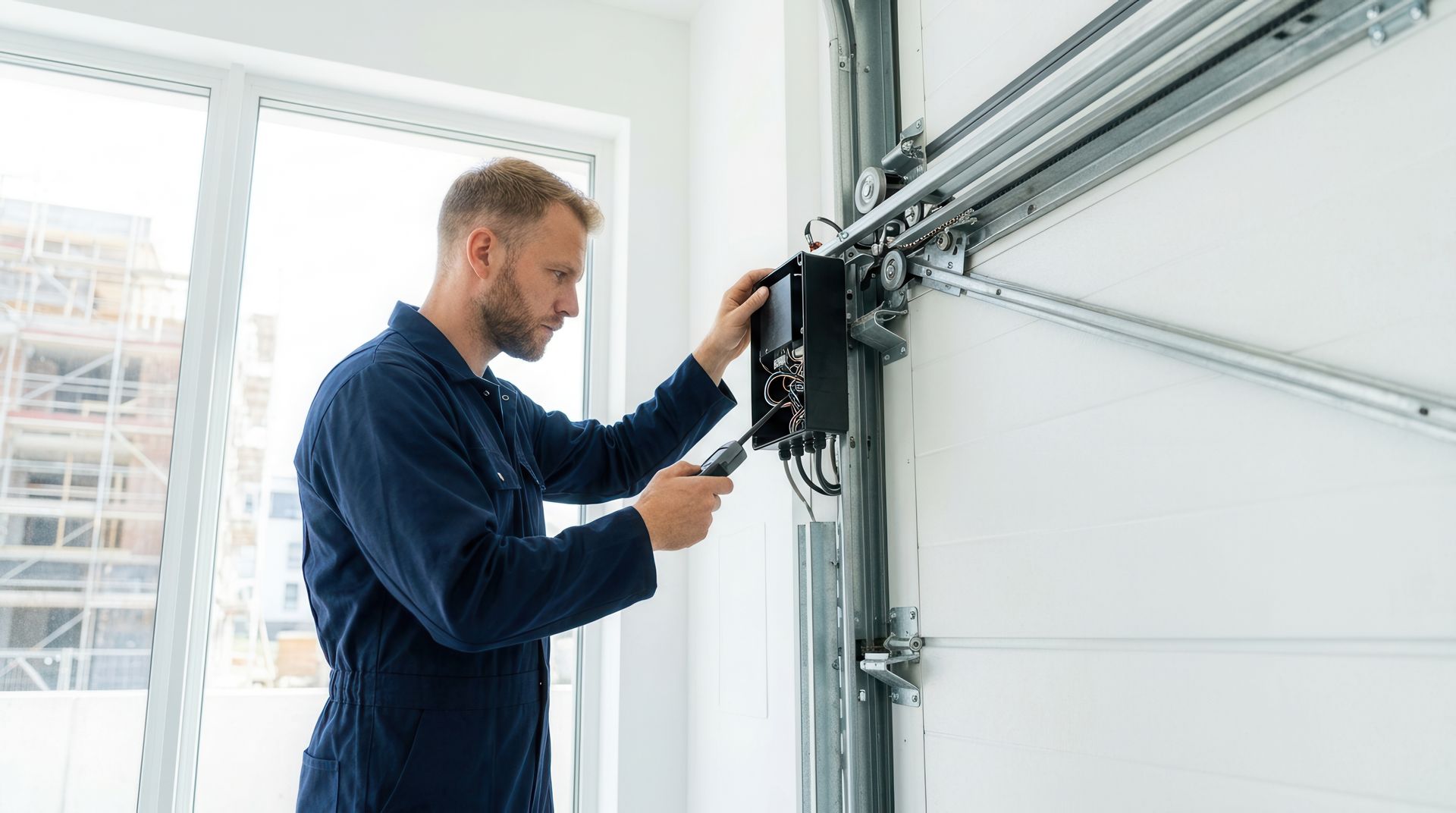 Technician adjusting a garage door opener beside a white overhead door. Technician adjusting a garage door opener beside a white overhead door.