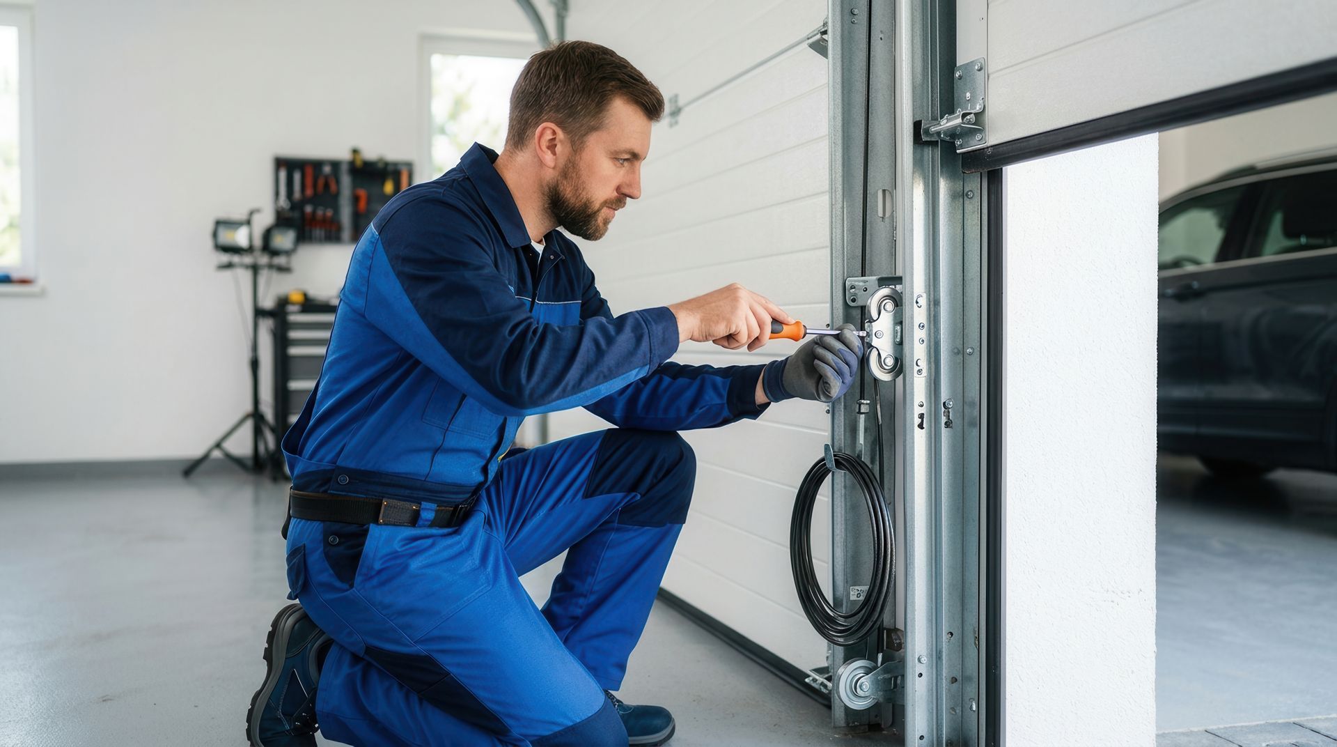 Technician in blue coveralls adjusts a garage door roller bracket during garage door opener repair. Technician in blue coveralls adjusts a garage door roller bracket during garage door opener repair.