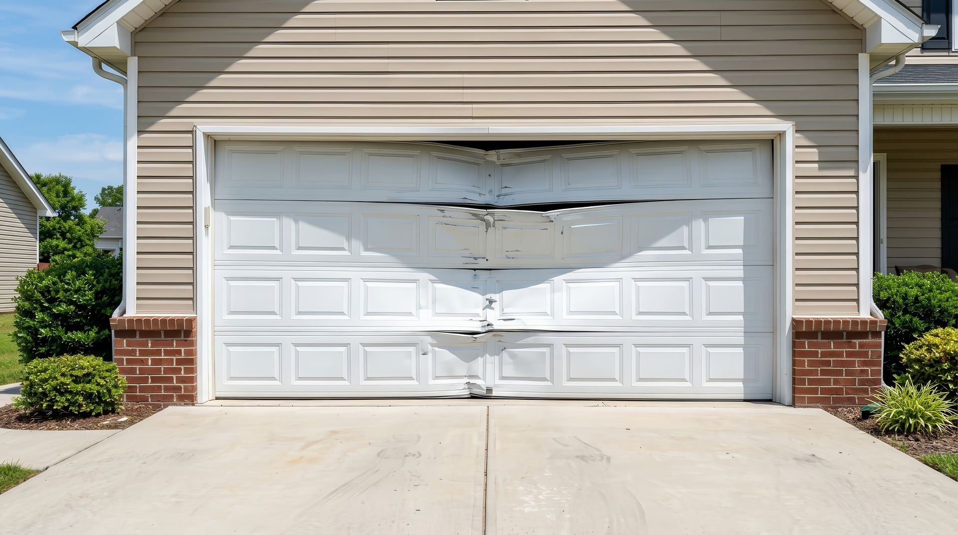 Damaged white garage door on a beige house with a cracked concrete driveway. Damaged white garage door on a beige house with a cracked concrete driveway.