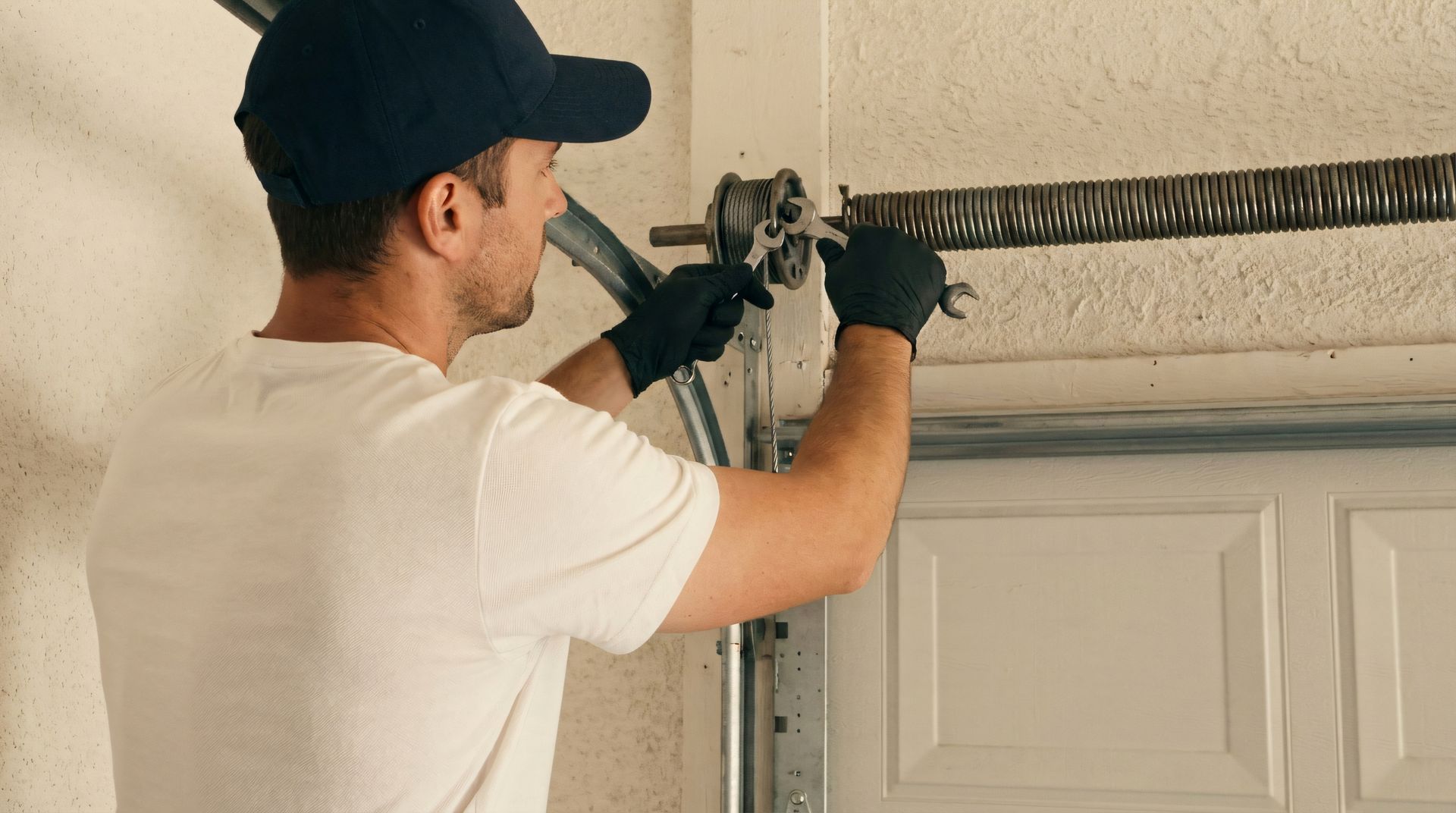 Technician in gloves and a cap uses a wrench on a torsion spring during garage door spring repair.