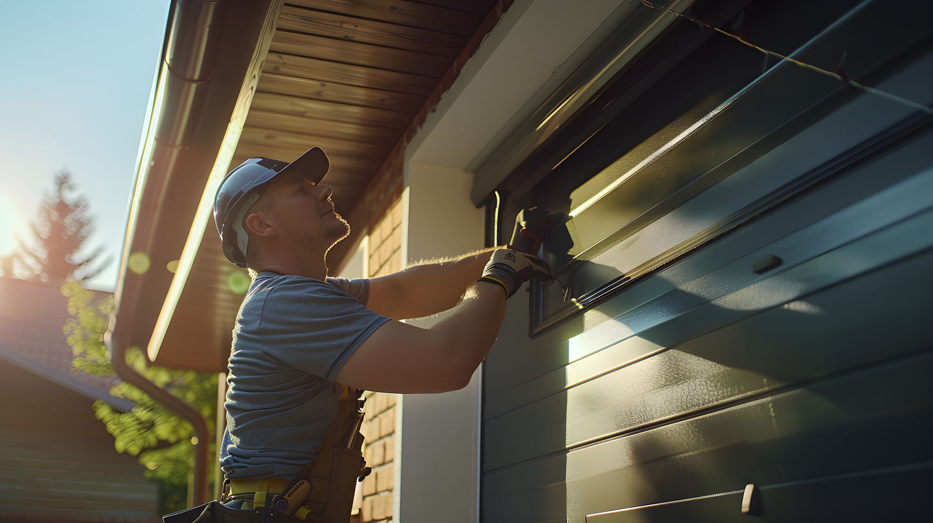 Worker using a drill to install hardware on a garage door at a house. Worker using a drill to install hardware on a garage door at a house.
