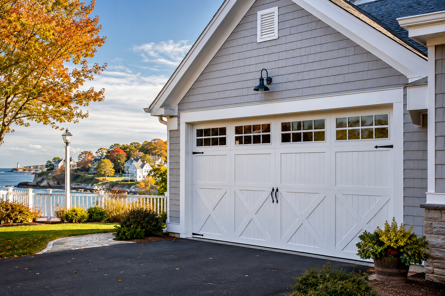 White garage with dormer windows beside a lakeside yard in autumn