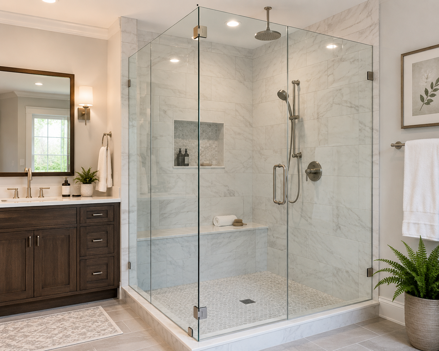 Modern bathroom with glass walk-in shower, dark wood vanity, and potted plant accents