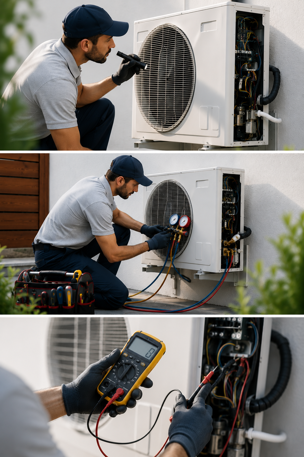 Technician inspecting and repairing an outdoor air conditioner unit with a multimeter and tools.
