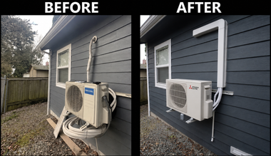 Technician servicing an outdoor wall-mounted air conditioner unit with tools