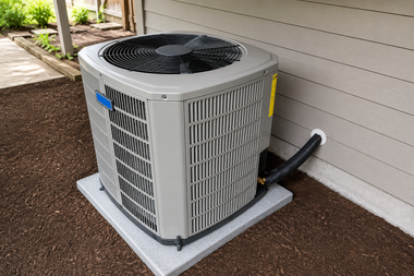 Technician holding HVAC gauges while servicing outdoor air conditioners outdoors