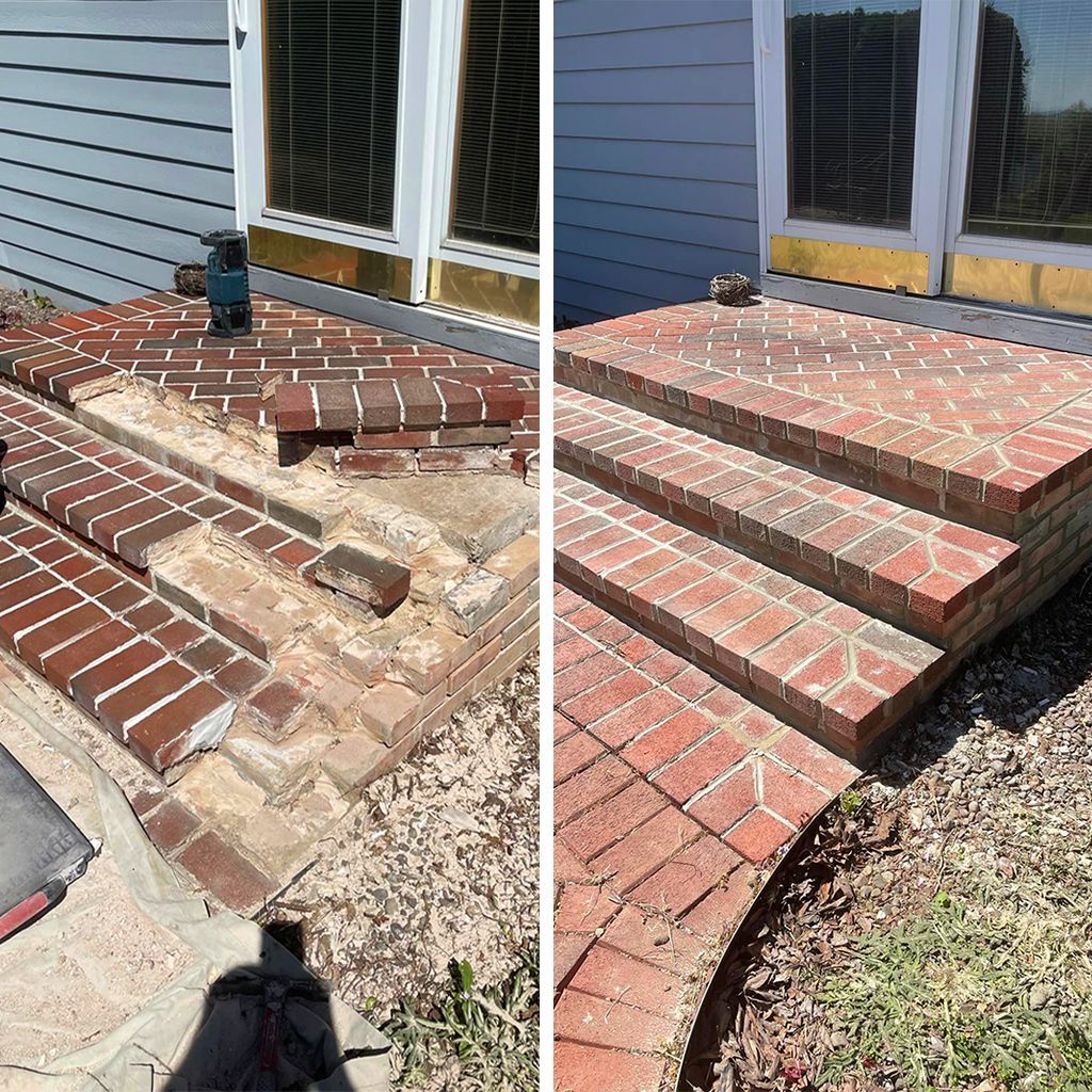 Before-and-after view of brick steps outside a house, showing a damaged section being repaired and restored.