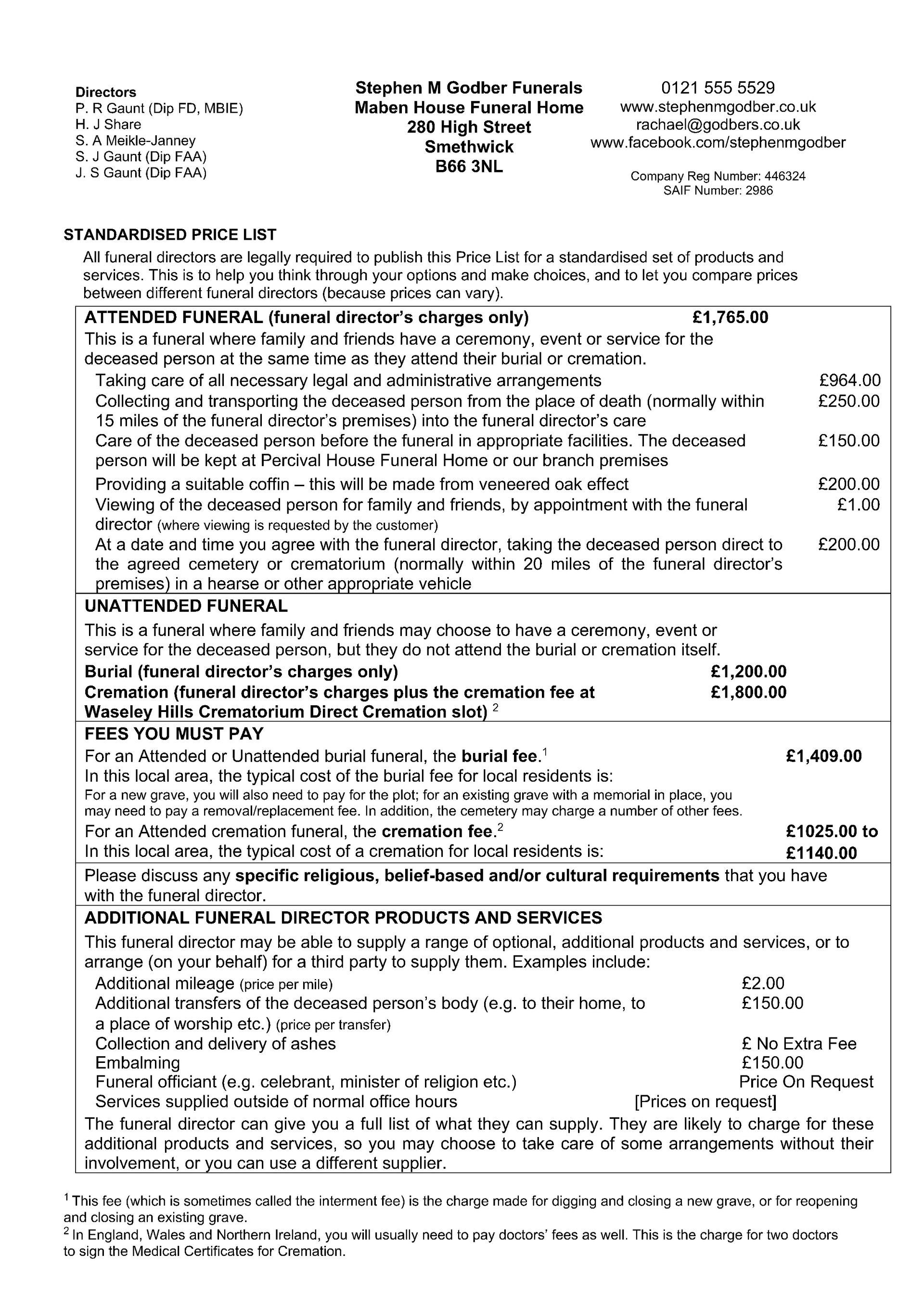 standard price list