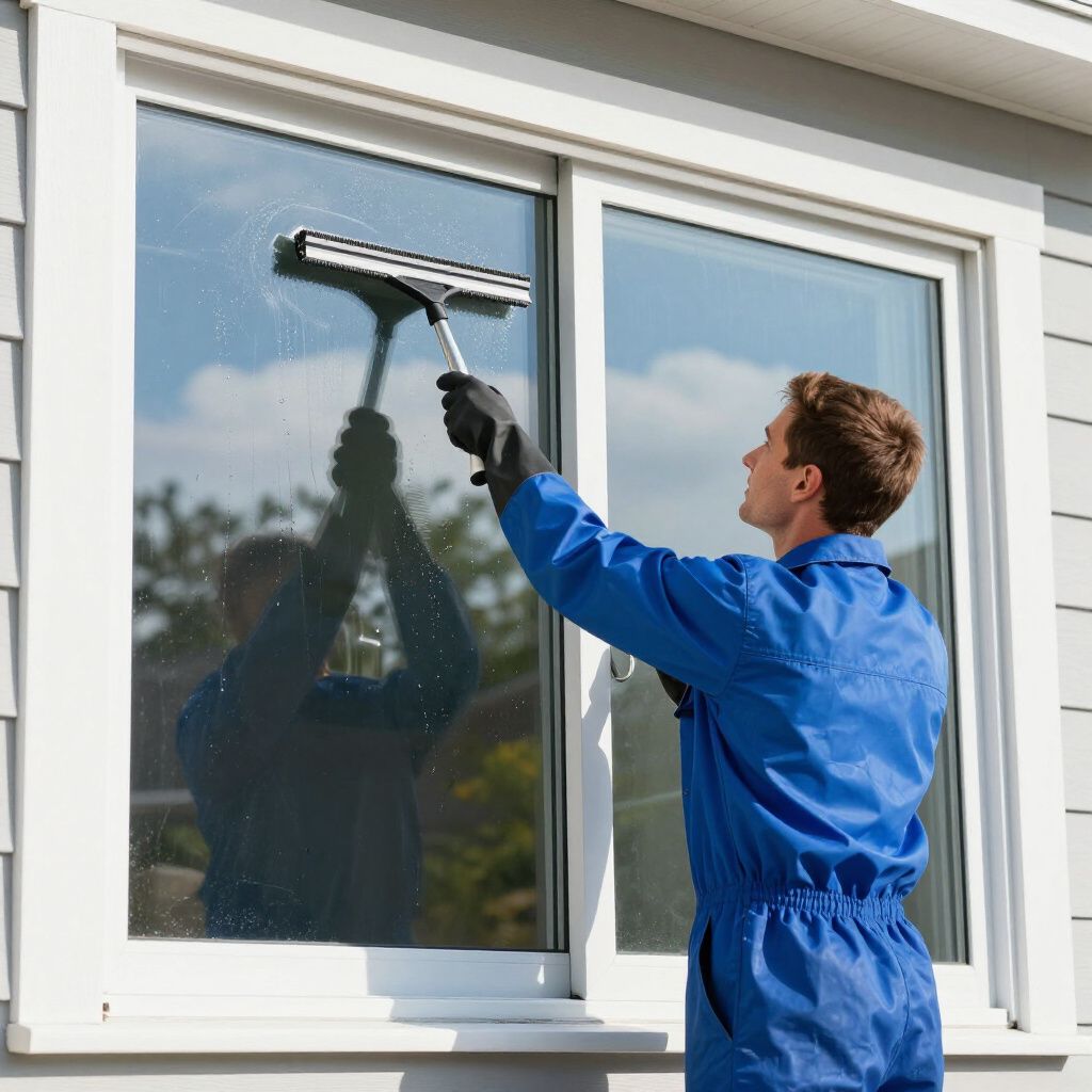 Professional window cleaner using squeegee on residential home window in Irvine