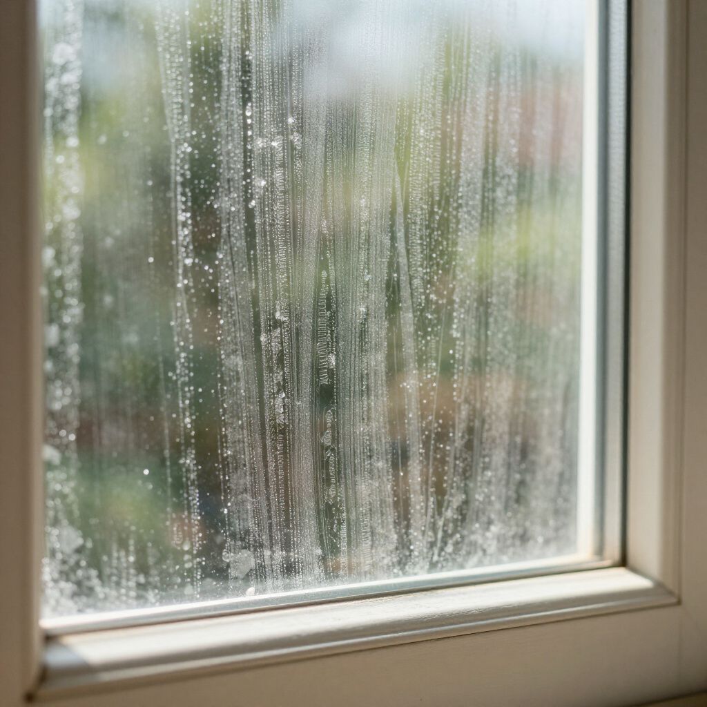 Severe hard water stains and mineral buildup on residential window