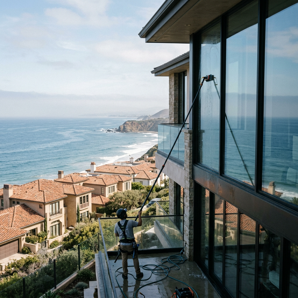 Professional window cleaner using a water-fed pole on a Pacific oceanview window at Newport coast