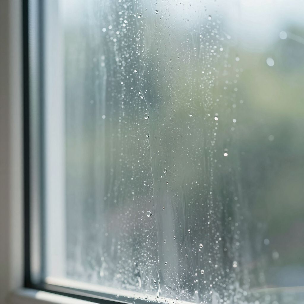 Severe hard water stains and mineral buildup on residential window