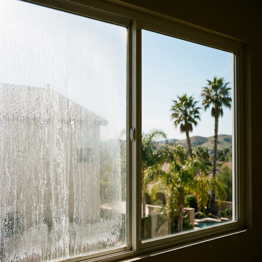 Before and after comparison of hard water stain removal on an Irvine, CA home window