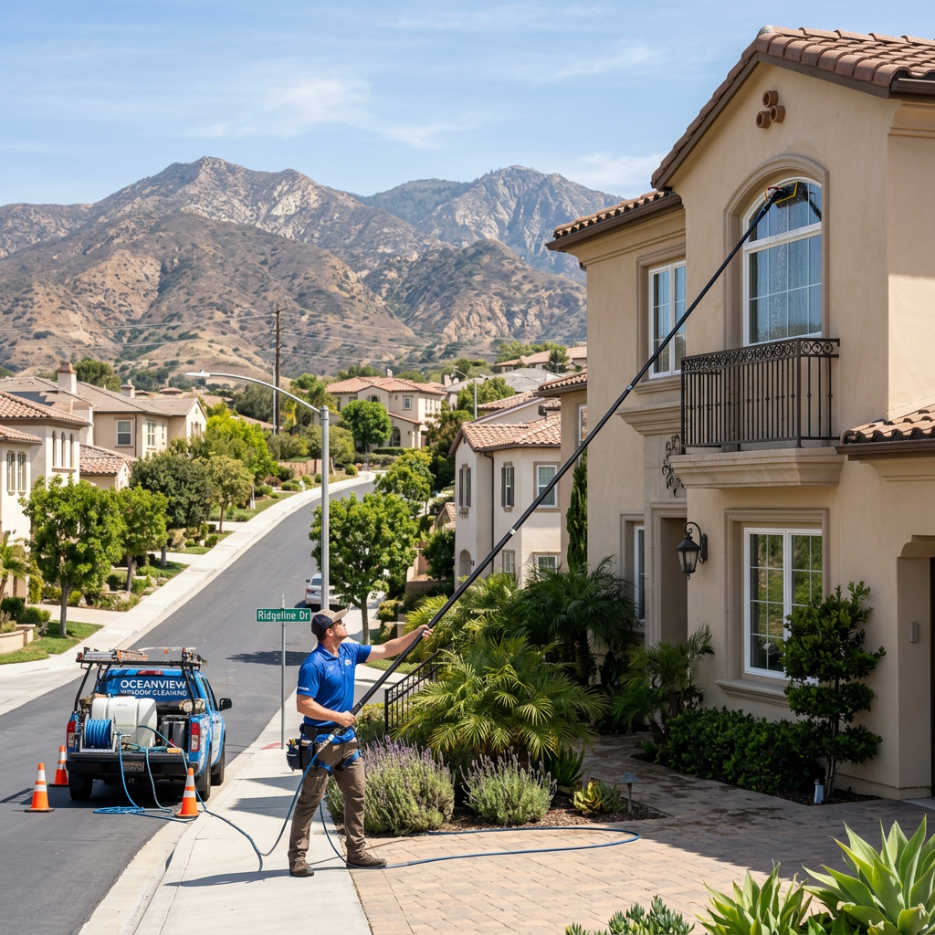 Professional window cleaner using a water-fed pole on a hillside home in Lake Forest, CA