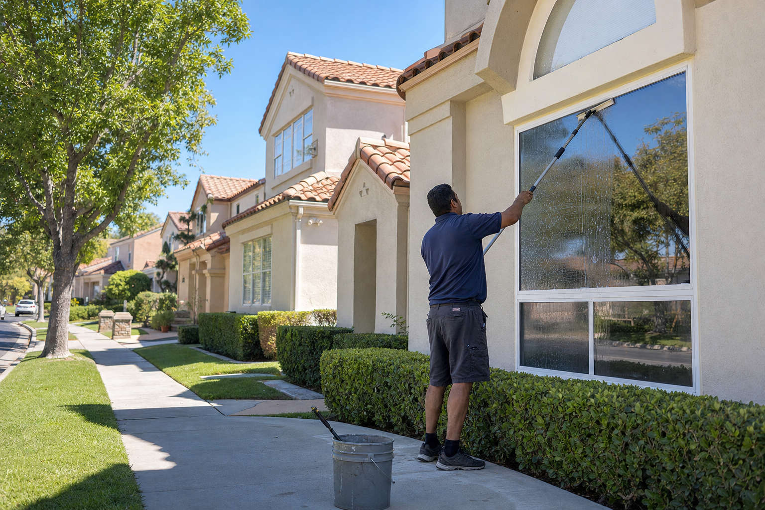 Technician cleaning windows on a tree-lined street in a Mission Viejo, CA master-planned community
