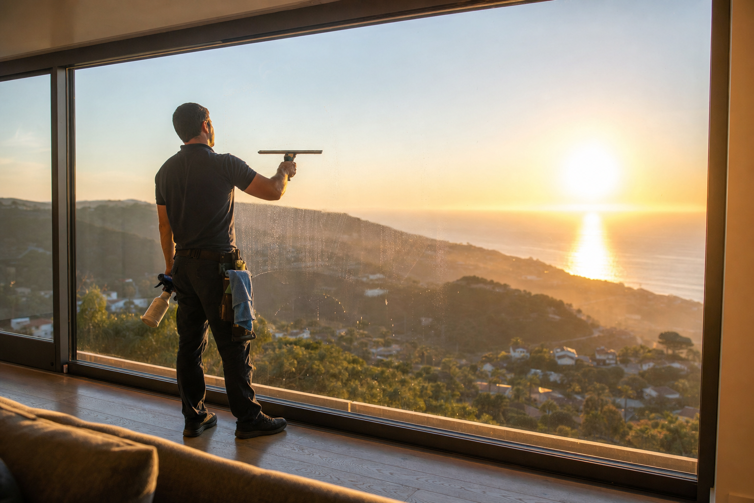 Technician cleaning a large ocean-view window on a hillside home in Laguna Niguel, CA