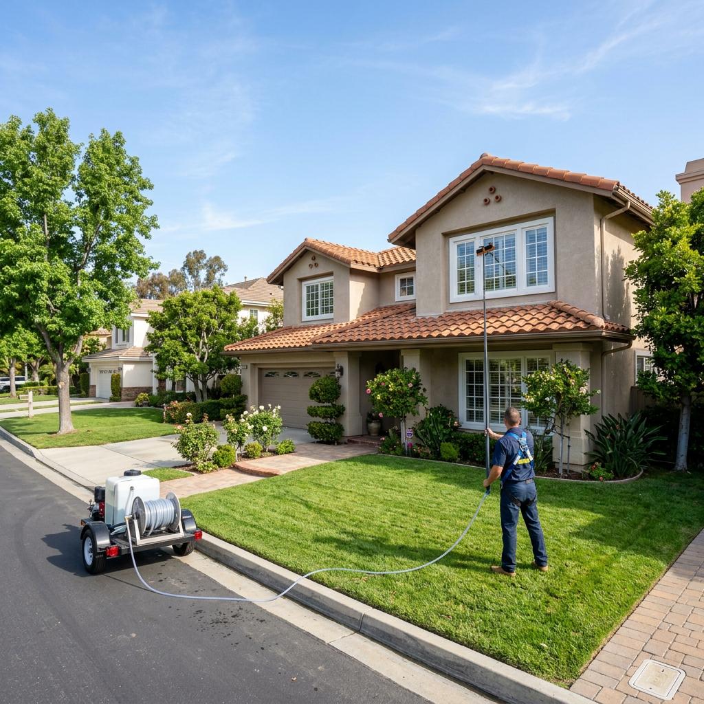 Professional window cleaner using a water-fed pole on a two-story home in Tustin Ranch, Orange CA