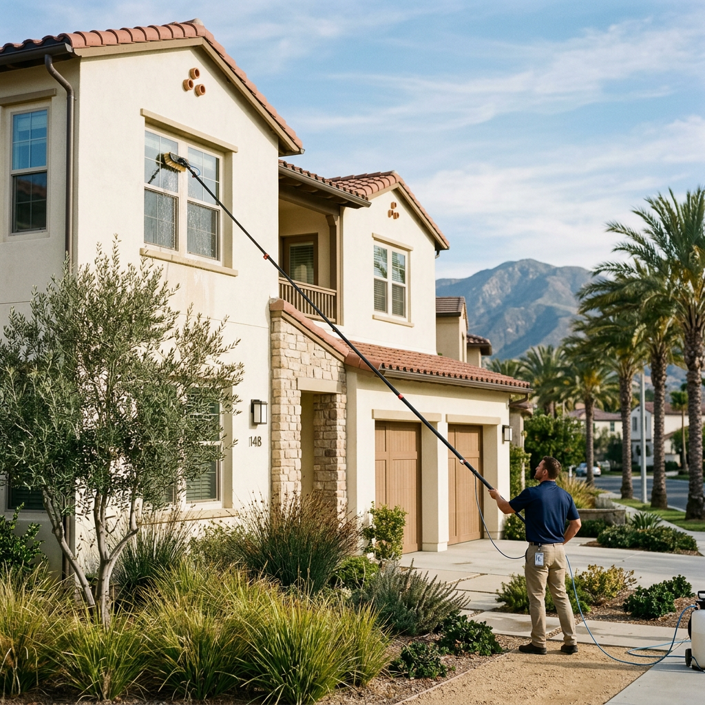 Professional window cleaner using a water-fed pole on a second-story window of a two-story Irvine CA