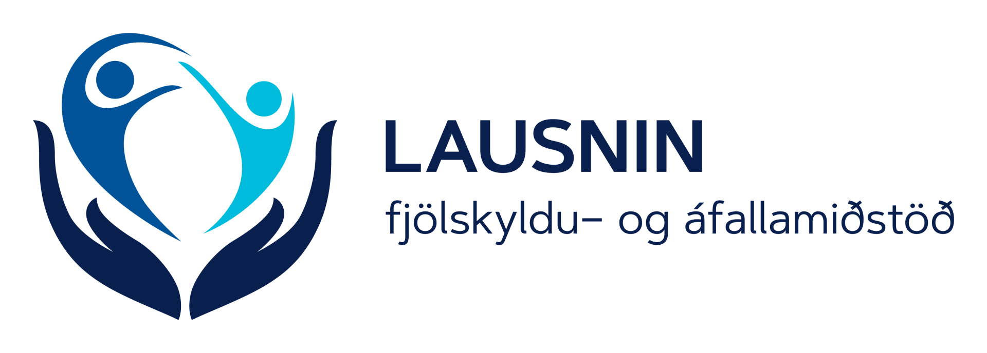Logo for Lausnin: two stylized figures rising from cupped hands, with text 