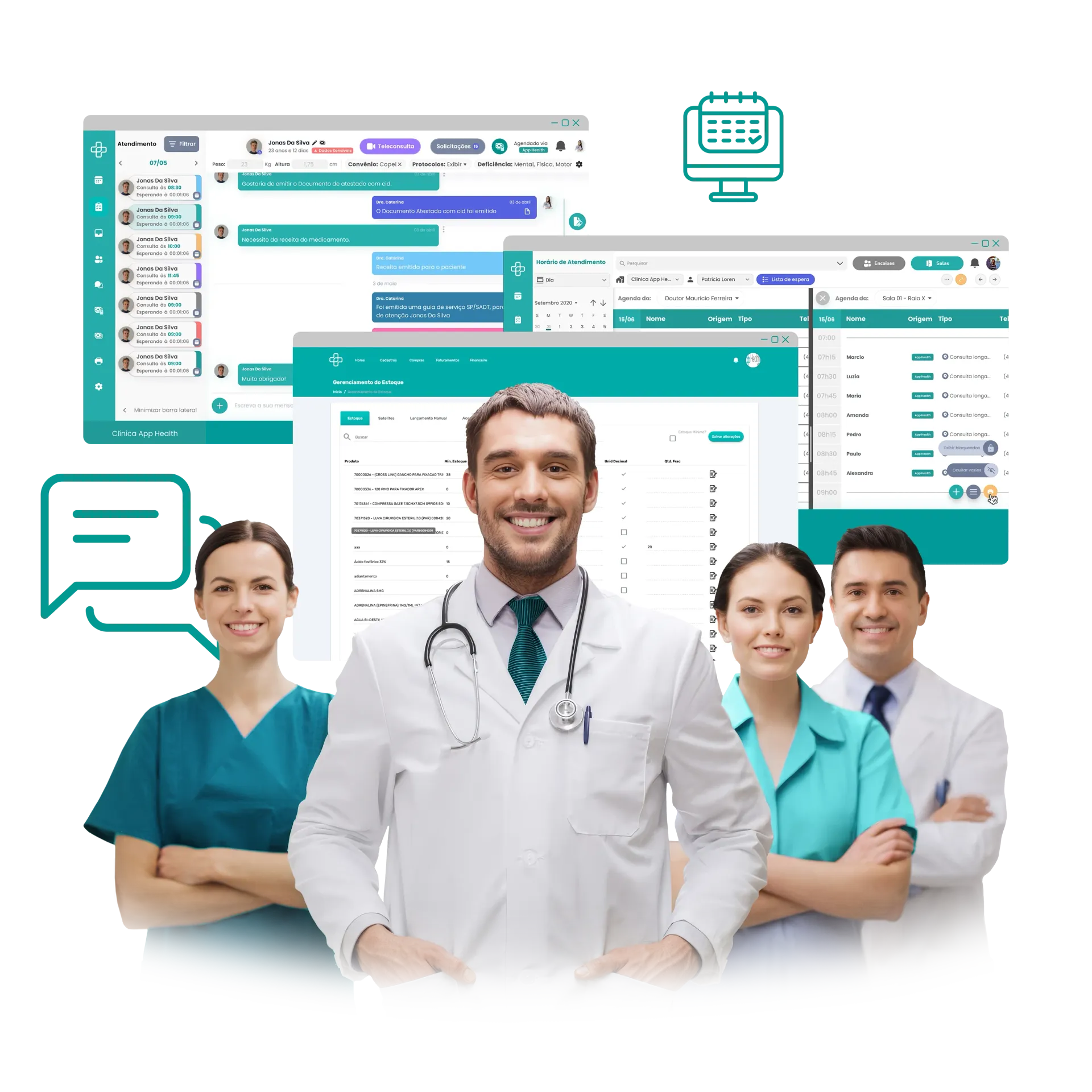Profissionais da área médica em frente a interfaces de software e um ícone de calendário, promovendo tecnologia na área da saúde.