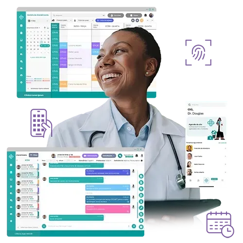 Gestão integrada para Clínicas Multidisciplinares Médico sorridente com estetoscópio, cercado por telas que exibem agendamento de consultas, mensagens e recursos do aplicativo móvel.